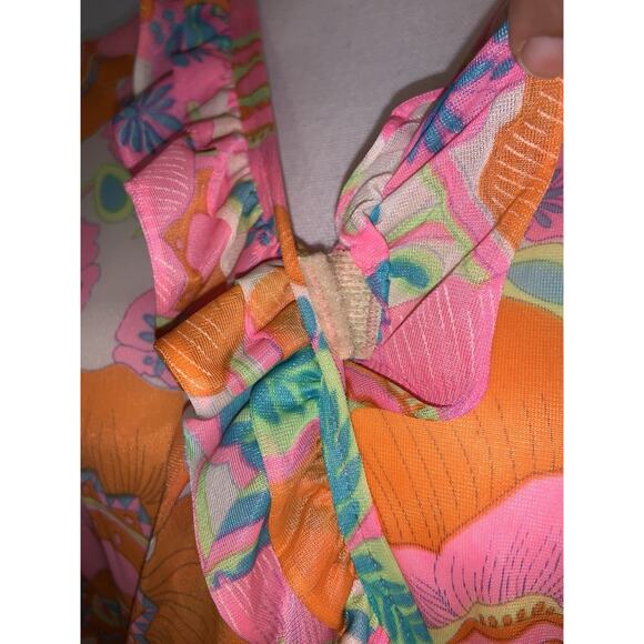 ROMANTIC RUFFLED ART DECO WING SLEEVE 1970s Vintage Dressing ROBE S / M - Picture 5 of 12